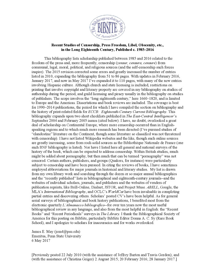 Recent Studies of Censorship, Press Freedom, Libel, Obscenity, etc., in the Long Eighteenth Century, Published c.1985–2016