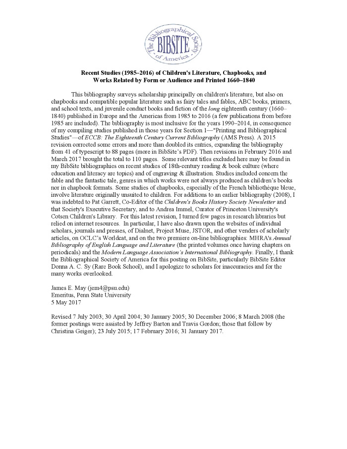 Recent Studies (1985–2016) of Children’s Literature, Chapbooks, and Works Related by Form or Audience and Printed 1660–1840