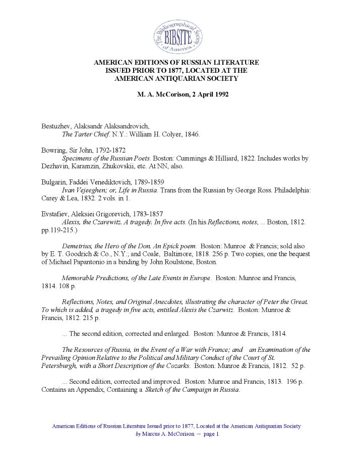 American Editions of Russian Literature Issued Prior to 1877, Located at the American Antiquarian Society