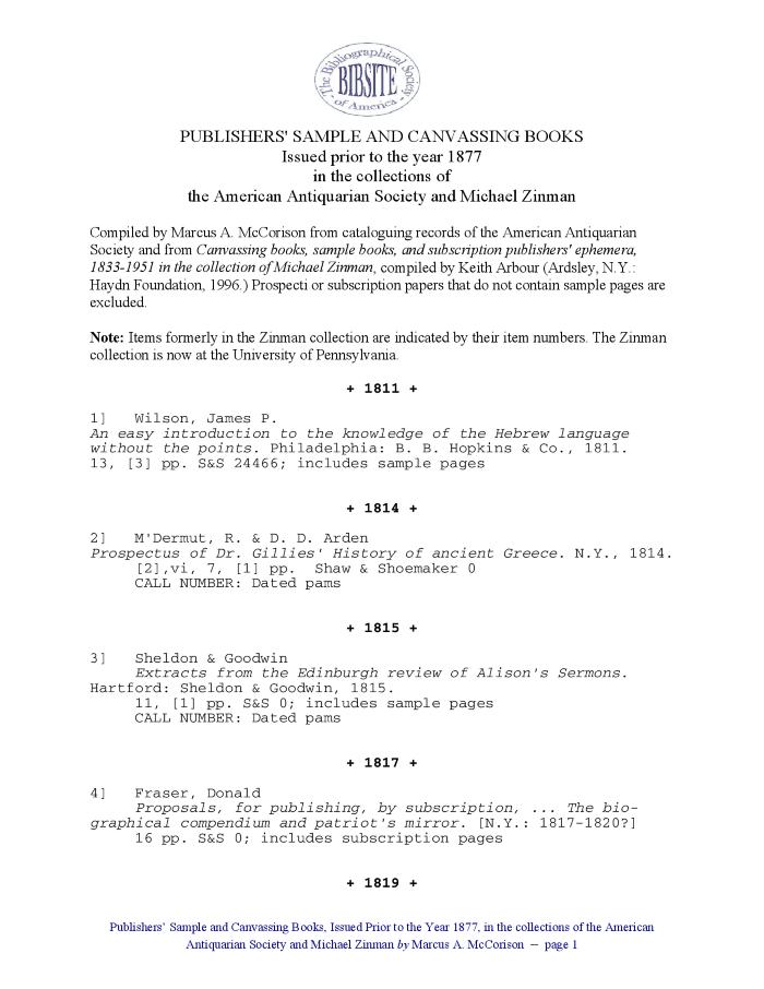 Publishers’ Sample & Canvassing Books Issued Prior to the Year 1877 in the Collections of the American Antiquarian Society and Michael Zinman
