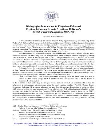 Bibliographic Information for Fifty-three Unlocated Eighteenth-Century Items in Arnott and Robinson’s English Theatrical Literature, 1559-1900
