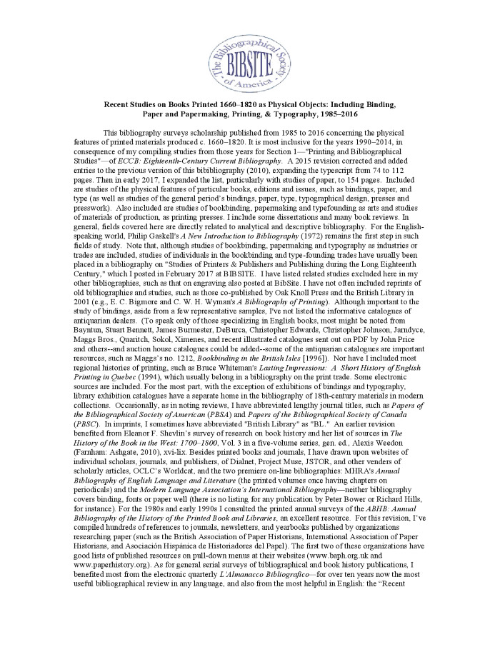 Recent Studies on Books Printed 1660–1820 as Physical Objects: Including Binding, Paper and Papermaking, Printing, & Typography, 1985–2016