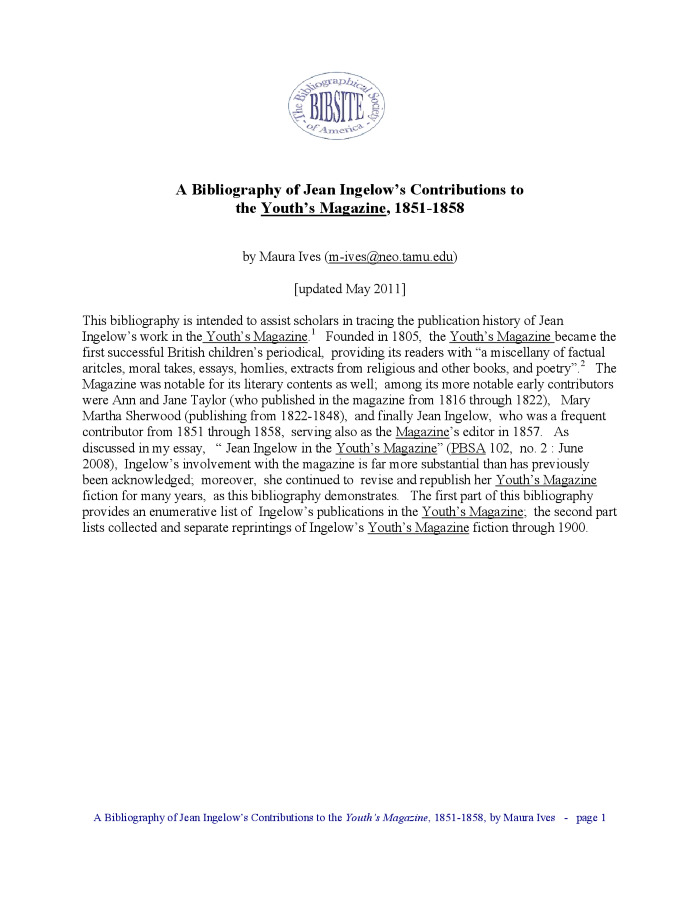 Bibliography of Jean Ingelow’s Contributions to the Youth’s Magazine, 1851-1858