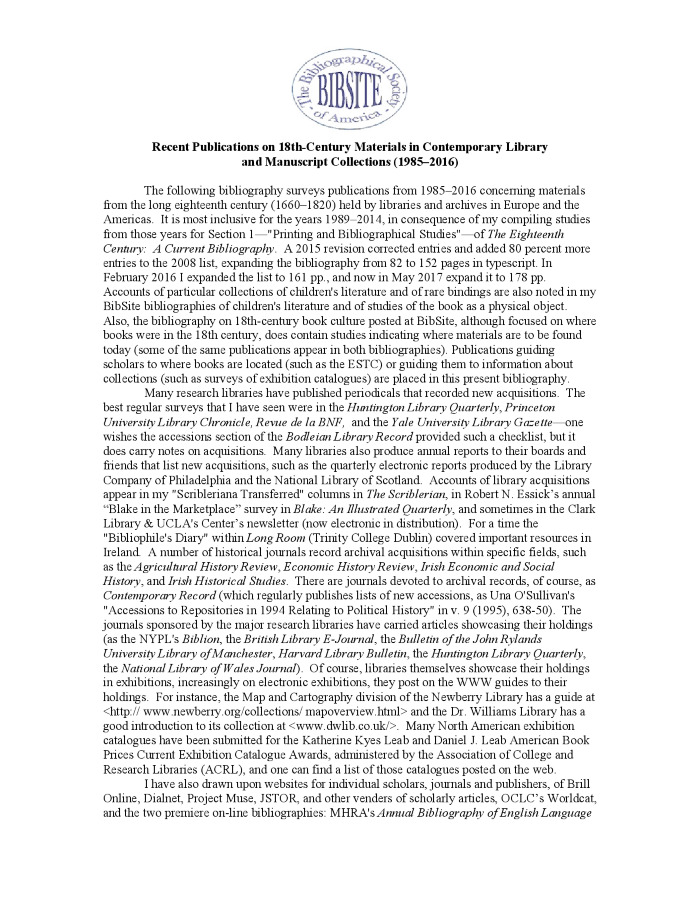 Recent Publications on 18th-Century Materials in Contemporary Library and Manuscript Collections (1985–2016)