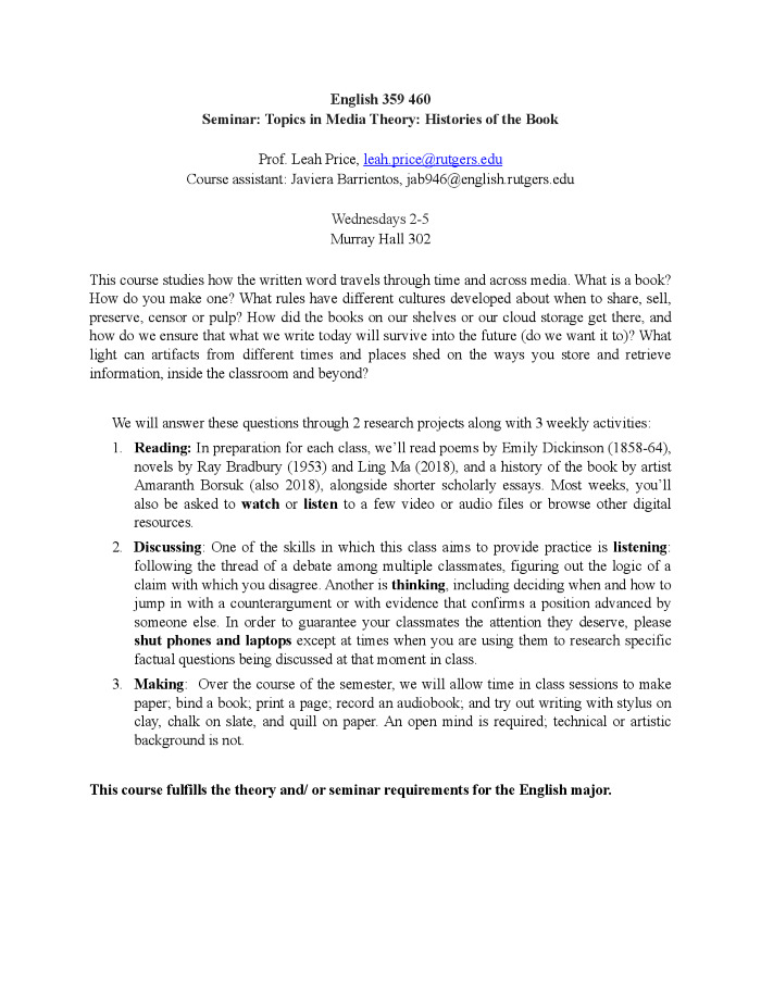 Syllabus: Seminar: Topics in Media Theory: Histories of the Book