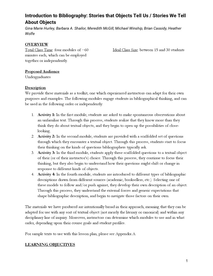 Introduction to Bibliography: Stories that Objects Tell Us/Stories We Tell About Objects