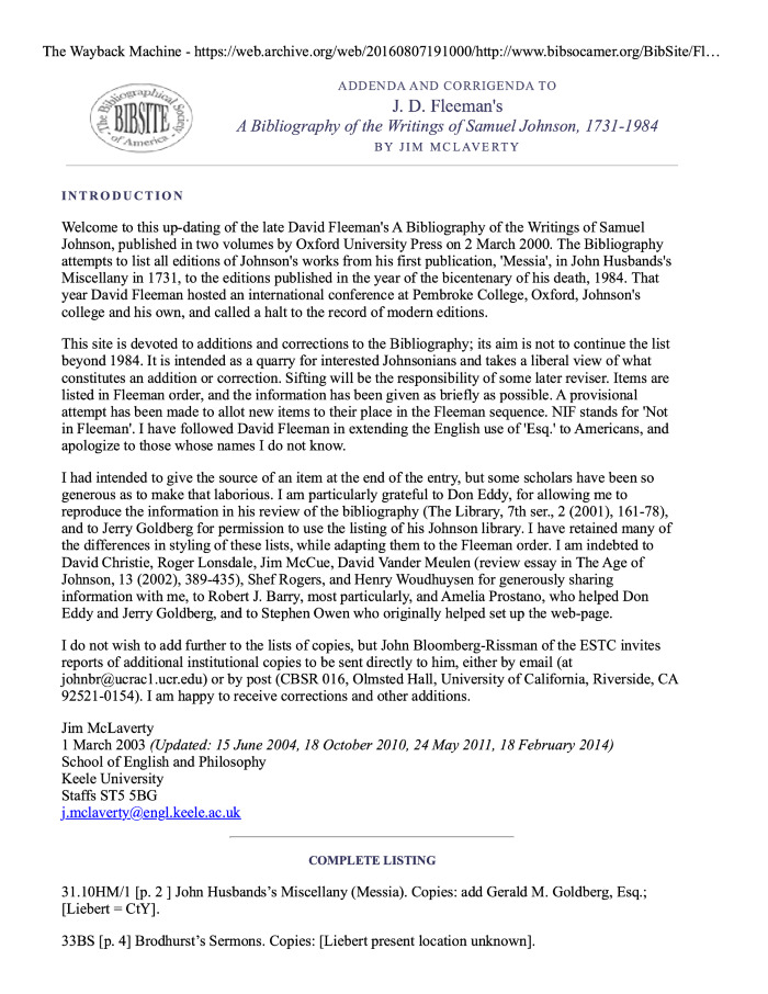 Addenda and Corrigenda to J. D. Fleeman’s Bibliography of the Writings of Samuel Johnson, 1731-1984